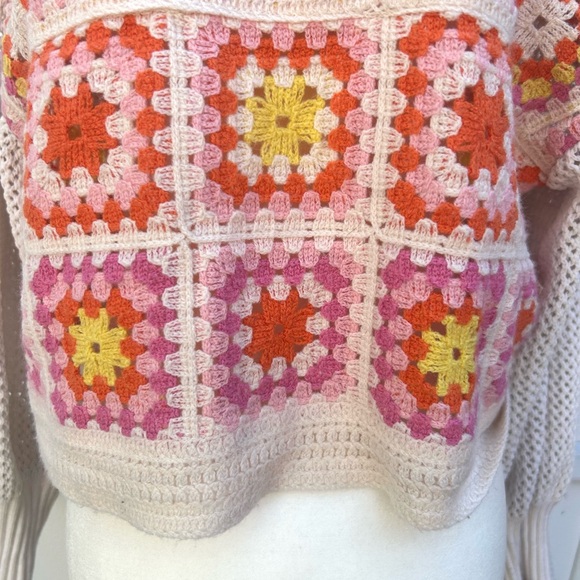 Zara Crochet Sweater Women S Patchwork Square Colorful Puff Sleeve Granny Boxy - Picture 5 of 14